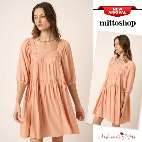 Mittoshop Pintuck Detail Tie Back Square Neck 3/4 Sleeves Mini Dress | Apricot - Picture 1 of 6